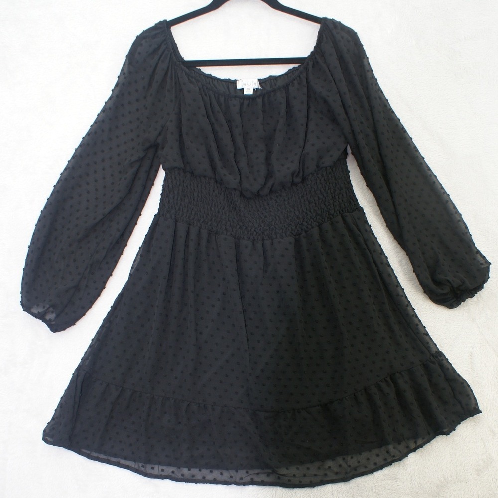 Justify Black Swiss Dot Smocked‎ Waist Long Sleeve Mini Boho Dress Womens Medium